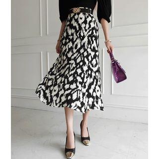 Band-waist Leopard Long Swing Skirt Black - One Size