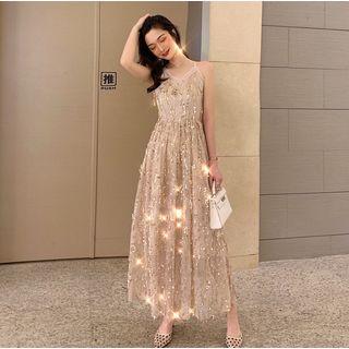 Strappy Open Back Sequined Mesh A-line Midi Dress