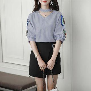 Sequined Pinstriped Elbow Sleeve Blouse