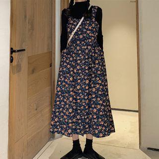 Long-sleeve Mock-neck Knit Top / Floral Midi A-line Pinafore Dress