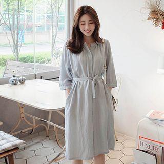 Half-placket Midi Dress With Sash