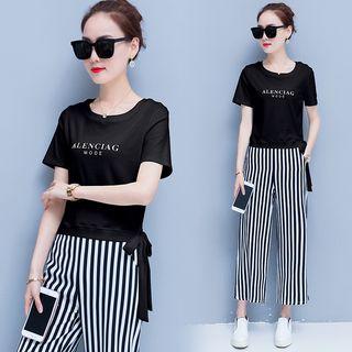 Set: Short-sleeve Lettering T-shirt + Striped Cropped Pants