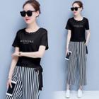 Set: Short-sleeve Lettering T-shirt + Striped Cropped Pants