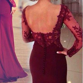 Long-sleeve Lace Panel Sheath Evening Gown