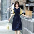 Short-sleeve Two-tone Drawstring Sheath Dress