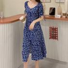 Balloon-sleeve Floral Print Midi A-line Dress Blue - One Size