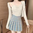 Plaid Mini A-line Skirt / Spaghetti Strap Knit Top / Cardigan / Set