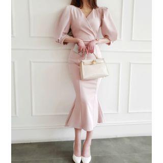Puff-sleeve Ruffle-hem Wrap-front Midi Dress One Size