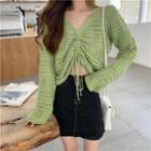Long-sleeve Ruched-front Open-knit Top