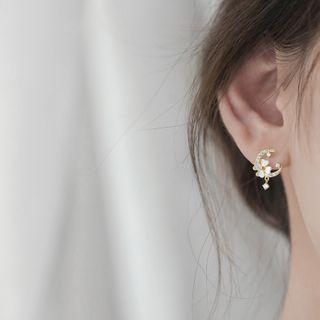 925 Sterling Silver Shell Flower & Moon Earring 1 Pair - 925 Silver - Earring - Crescent & Flower - One Size