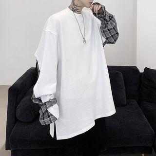 Plaid Panel Loose-fit Long-sleeve T-shirt
