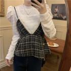 Round-neck Long-sleeve Top / V-neck Plaid Suspender