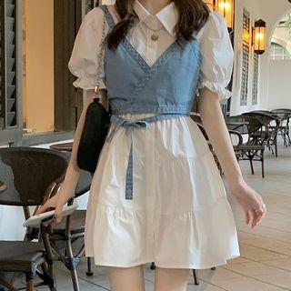 Short-sleeve Mini Shirtdress / Denim Cropped Camisole Top