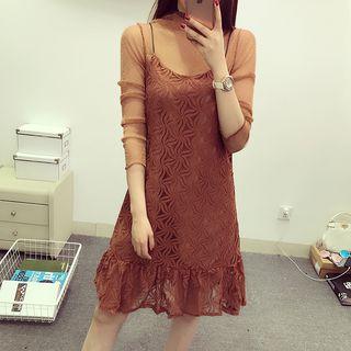 Set: Plain Long Sleeve Mesh Top + Lace Slipdress