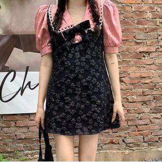 Set: Puff-sleeve Lace Trim Blouse + Jacquard Mini Overall Dress