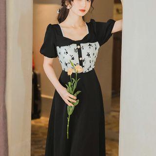 Puff-sleeve Floral Panel Midi A-line Dress