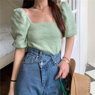 Puff-sleeve Knit Top / Plaid Shirt