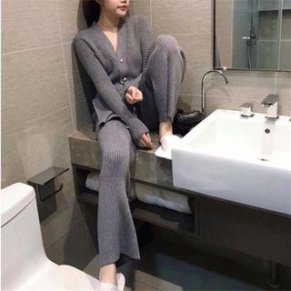 Set: Plain Cardigan + Wide-leg Knit Pants