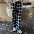 Drawcord Plaid Wide Pants Check - One Size