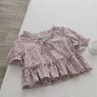 Agaric Laces Floral Lace Up Puff-sleeved Top Pink - One Size