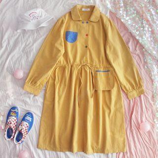 Long-sleeve Midi Collared Dress Yellow - One Size