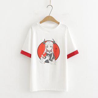 Short-sleeve Contrast Trim Print T-shirt White - One Size
