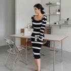 Set; Striped Cardigan + Spaghetti Strap Sheath Dress Stripes - Black & White - One Size