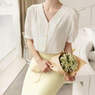 Puff-sleeve V-neck Shirred Blouse