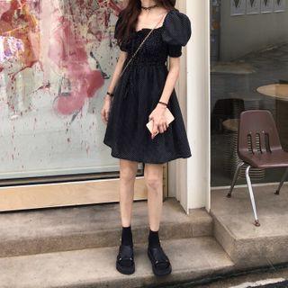Puff-sleeve Shirred A-line Mini Dress White Dots - Black - One Size