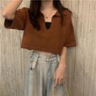 Elbow-sleeve Collared Crop Knit Top