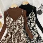 Set: Long-sleeve Knit Top + Printed Mini Overall Dress
