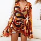 Printed Bell-sleeve V-neck A-line Mini Dress