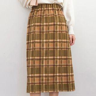 Elastic-waist Plaid Midi Pencil Skirt