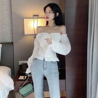 Off-shoulder Ruffle Trim Plain Top White - One Size