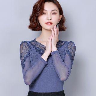 Lace Panel Glitter Mesh Blouse