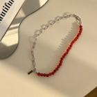 Beaded Choker Necklace L373 - 1 Pc - Silver & Red - One Size