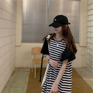 Short-sleeve Cold Shoulder Striped Knit Dress
