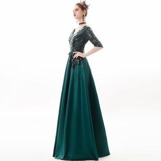 V-neck Sequined Panel Satin A-line Evening Gown