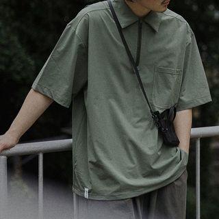 Short-sleeve Plain Half-zip Polo Collar T-shirt