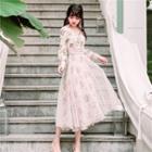 Long-sleeve Floral Mesh Overlay Dress