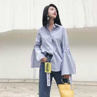 Slit-cuff + Sash Pinstriped Blouse