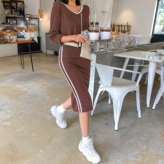 Contrast-trim T-shirt & H-line Skirt Set