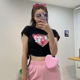 Drawstring Heart-print Cropped T-shirt