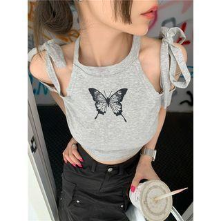 Cold-shoulder Butterfly Print Cropped Top