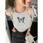 Cold-shoulder Butterfly Print Cropped Top