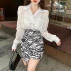 Striped Long-sleeve Shirt / Asymmetric Zebra Print Mini Pencil Skirt