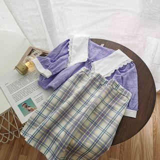 Set: Collared Short-sleeve Top + Plaid A-line Skirt
