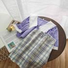 Set: Collared Short-sleeve Top + Plaid A-line Skirt