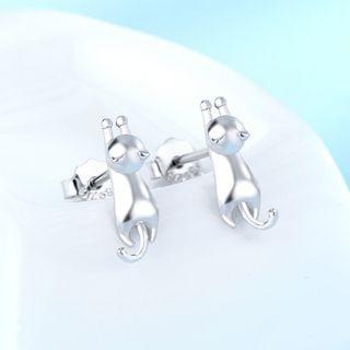 925 Sterling Silver Cat Earring 1 Pair - 925 Silver - White - One Size