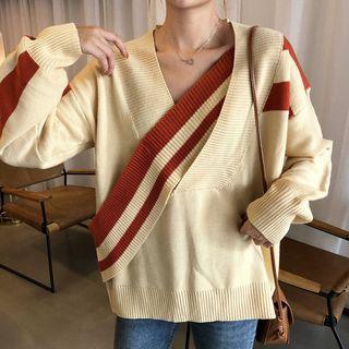 Contrast Trim V-neck Sweater Beige - One Size